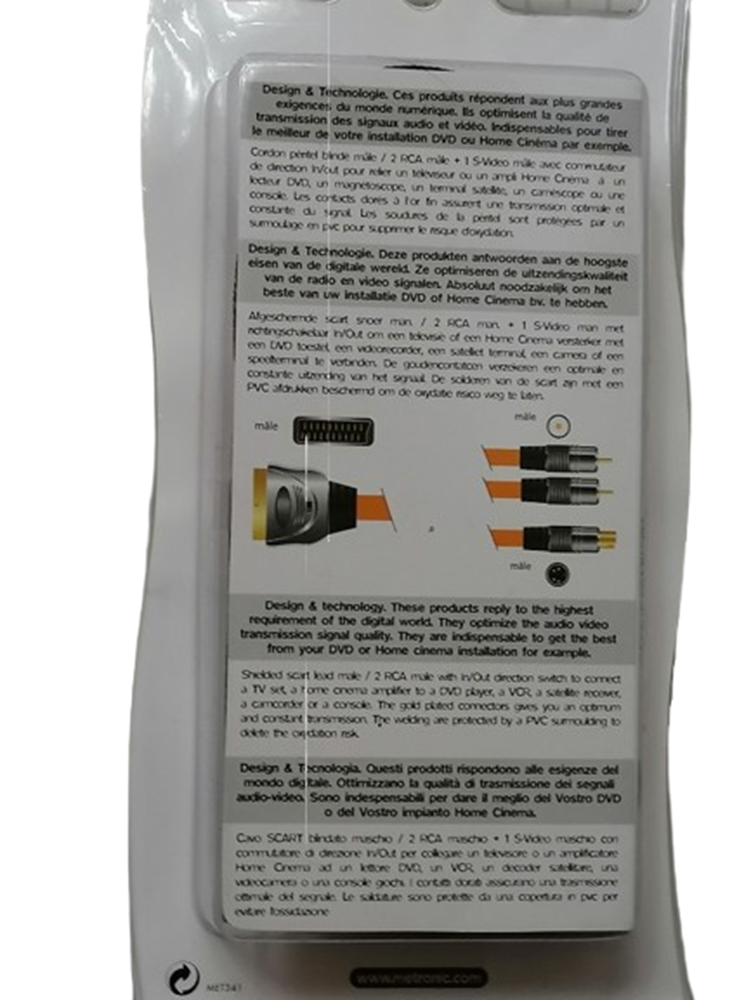 Câble Péritel SCART mâle vers 2 RCA + S-Vidéo mâle 1,5 m METRONIC – IN/OUT
