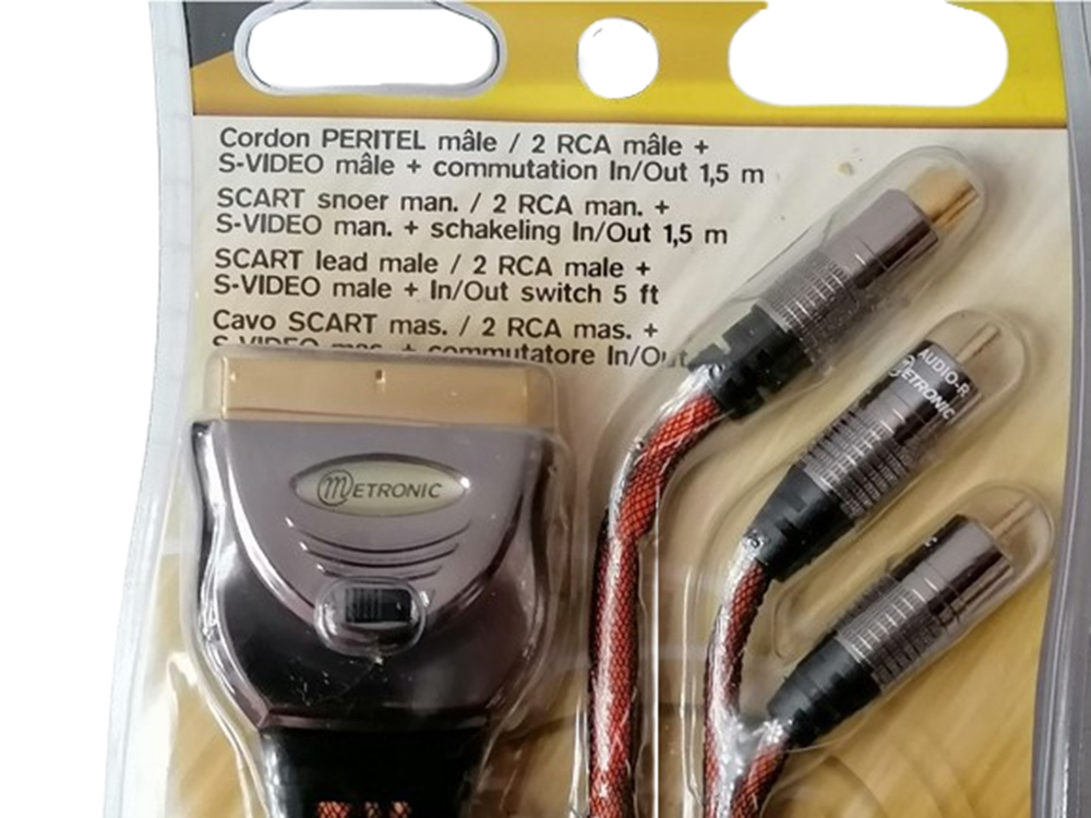 Câble Péritel SCART mâle vers 2 RCA + S-Vidéo mâle 1,5 m METRONIC – IN/OUT